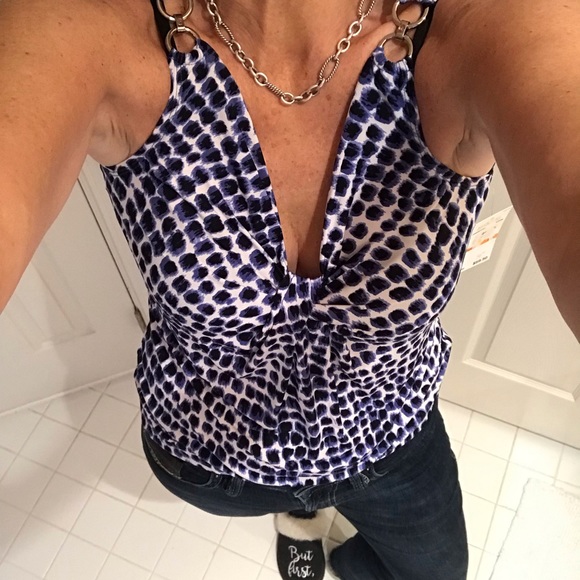 NWOT Michael Kors Top Blue, black, white animal print size PS shoulder chain - Picture 1 of 10